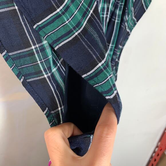 LOFT Dress Blue Green Plaid Shift Belted Short Sleeve Pleated Lined Size 2 - Picture 7 of 12
